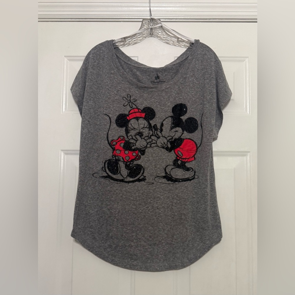 Disney Parks Minnie and Mickey Heather Gray Tee w/ Glitter Accents Size XL